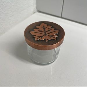 Annthropologie 2" small glass container with embossed leaf copper lid
